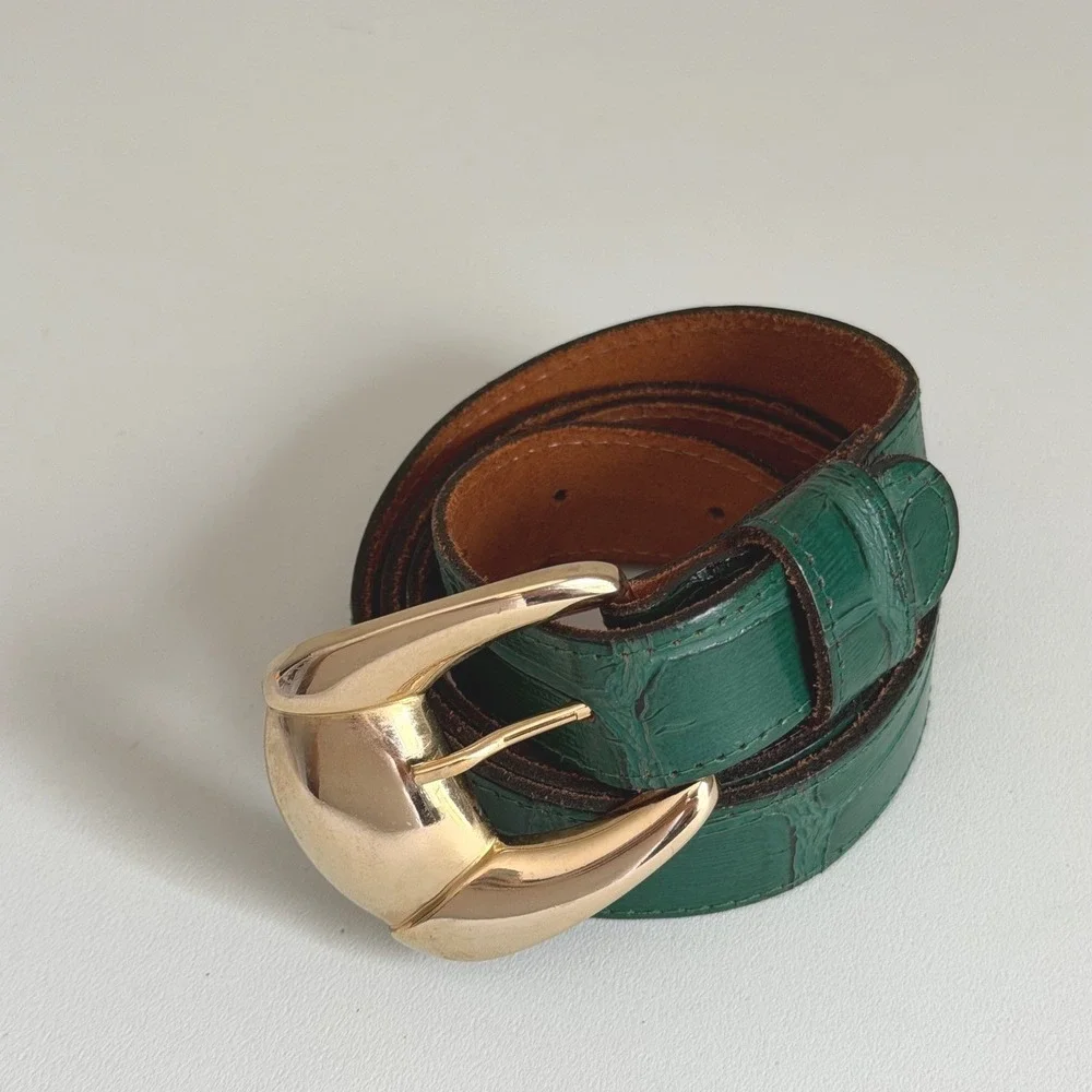 VTG Green Crocodile Embossed Leather Belt ML Gold Sculptural Buckle made in USA